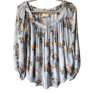 Maeve Anthropologie Floral Blouse Size 6 Blue Poet Long‎ Sleeve Top Medium